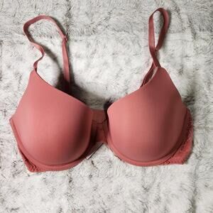 Victoria's Secret Rose Pink Coral Lightly Lined T-Shirt Lace Demi Bra 32D